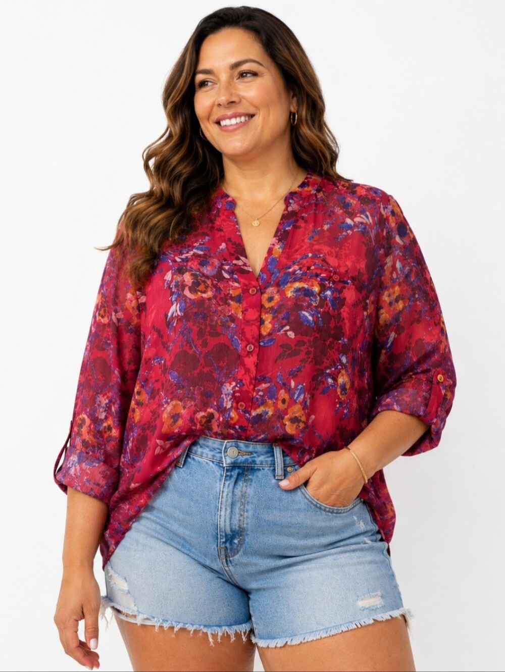 Kut From The Kloth XL Floral Sheer Button Front Blouse Pink Purple Boho Top